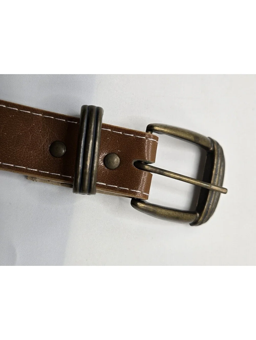 Brown Faux Leather Belt Western Antique Style Brass Color Buckle Contrast Stitch
